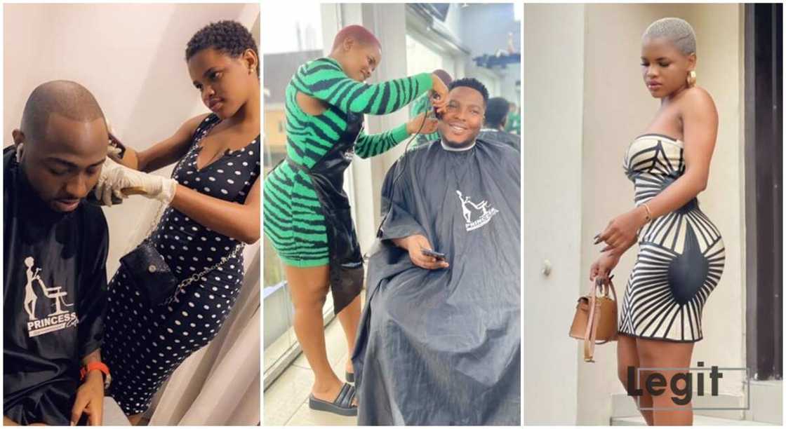 Photos of Ogedengbe Precious Princess giving Davido a haircut. Photos of Ogedengbe Precious Princess giving Davido a haircut.