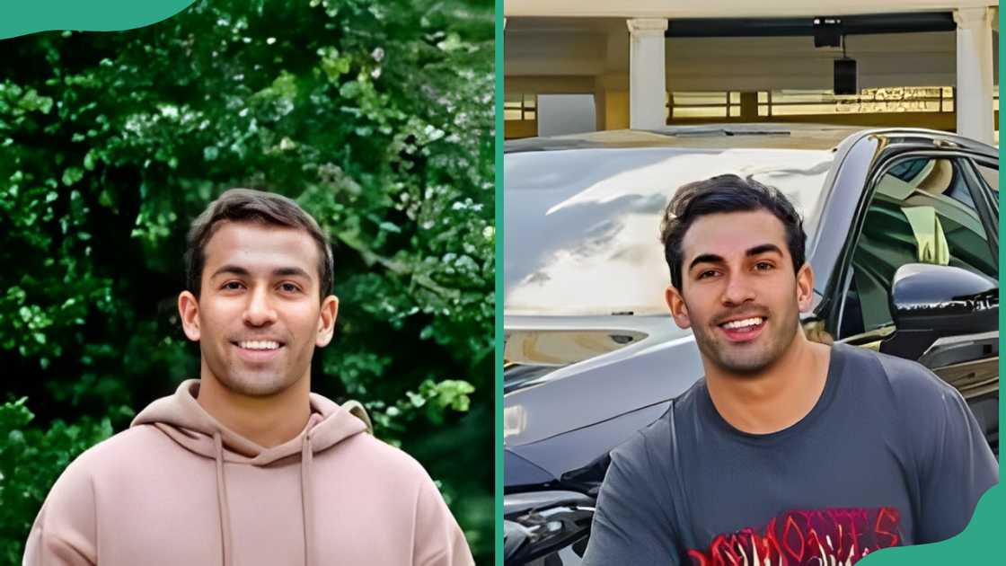 Shammi Prasad is standing in front of a green fence in a light brown hoodie (L). The content creator in a grey T-shirt next to a black car (R)