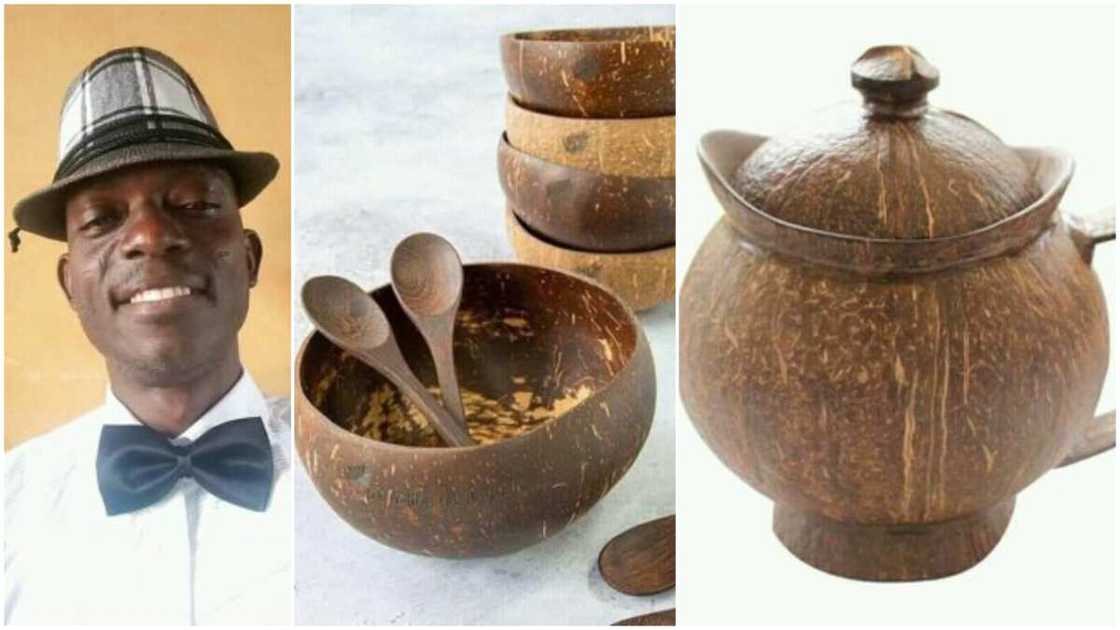 Nigerian Man Converts Coconut Shells Into Fine Cups and Spoons, Photos Stir Reactions Nigerian Man Converts Coconut Shells Into Fine Cups and Spoons, Photos Stir Reactions