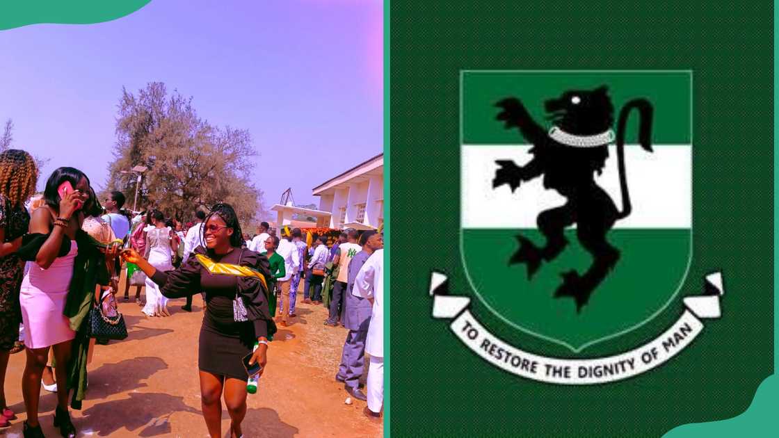 Graduates of University of Nigeria, Nsukka and the university's official logo Graduates of University of Nigeria, Nsukka and the university's official logo