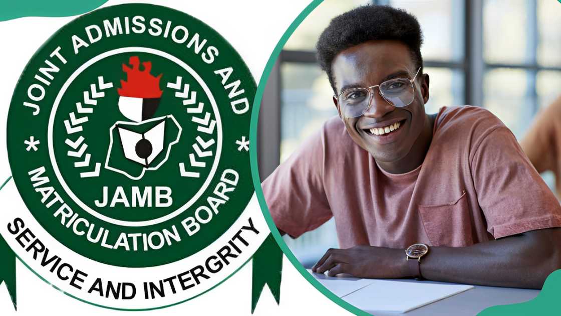 JAMB logo (L) A smiling young student sitting with exam papers at a desk in a college classroom (R)