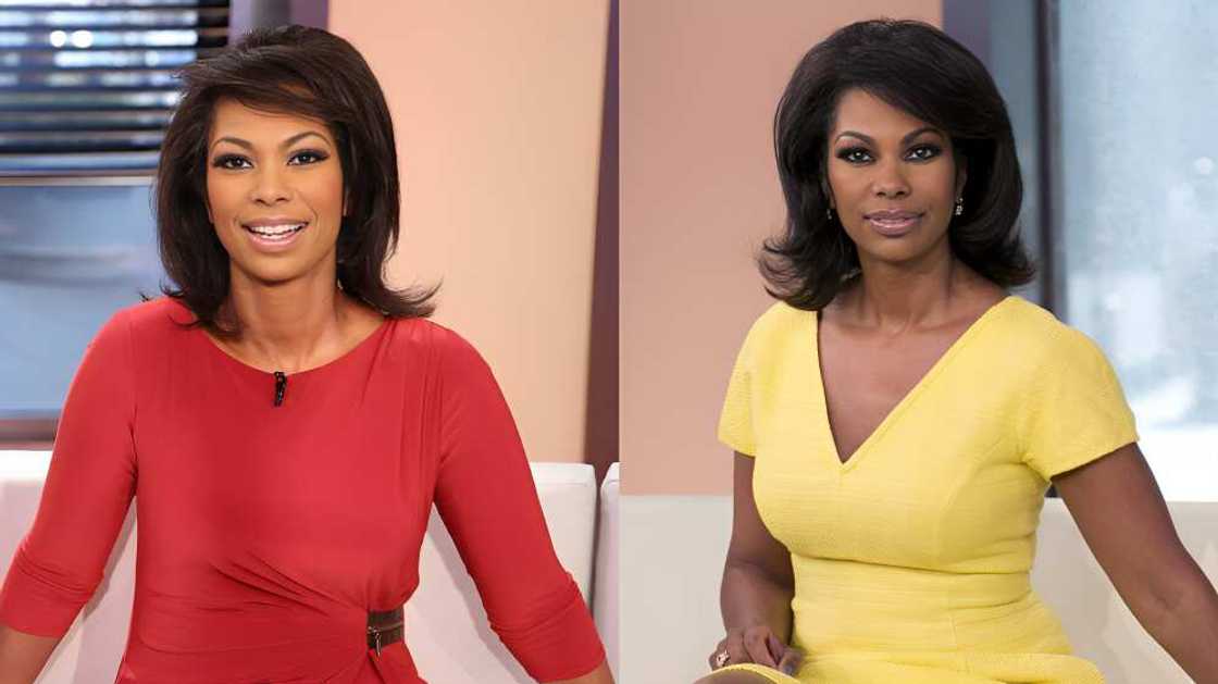 Harris Faulkner in red and yellow official dresses.