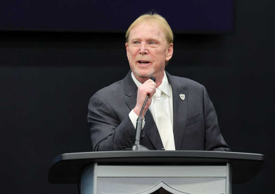 Mark Davis of the Las Vegas Raiders introducing Tom Telesco and Antonio Pierce