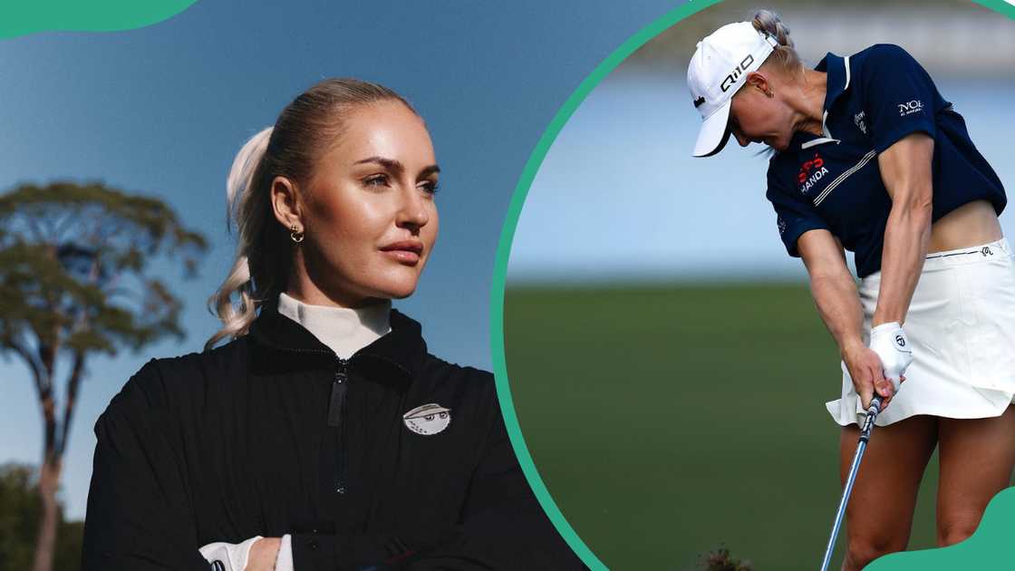 Charley Hull standing outdoors with arms crossed (L). Hull in a golf swing, wearing a navy blue shirt, and a white skirt (R)