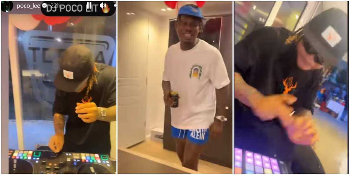 Poco Lee displaying DJ skills, Zlatan dancing to Poco Lee's DJ skills, Poco Lee doing the work of a Disc Jockey Poco Lee displaying DJ skills, Zlatan dancing to Poco Lee's DJ skills, Poco Lee doing the work of a Disc Jockey