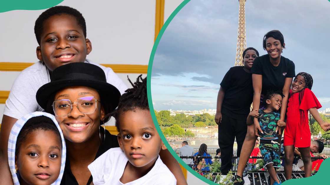 Kris Asimonye and her children posing for a photo in front of a white and yellow painted w all(L). The entrepreneur and her children posing for a photo near Eiffel Tower (R).