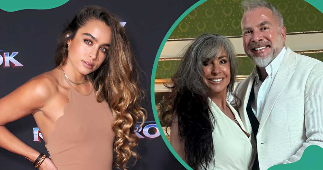 Sommer Ray poses during the launch of her beauty line (L). 
Her parents pose in front of a Christmas tree (R).