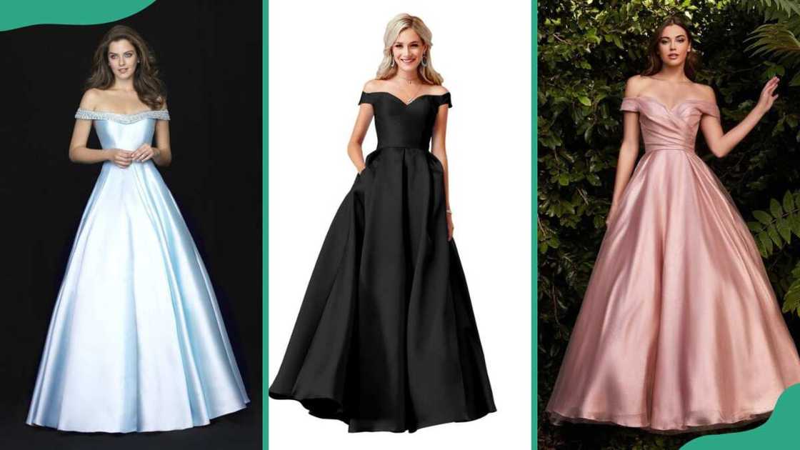 Light blue off-shoulder gown (L), black off-shoulder ball gown (C), and peach off-shoulder ball gown (R) Light blue off-shoulder gown (L), black off-shoulder ball gown (C), and peach off-shoulder ball gown (R)