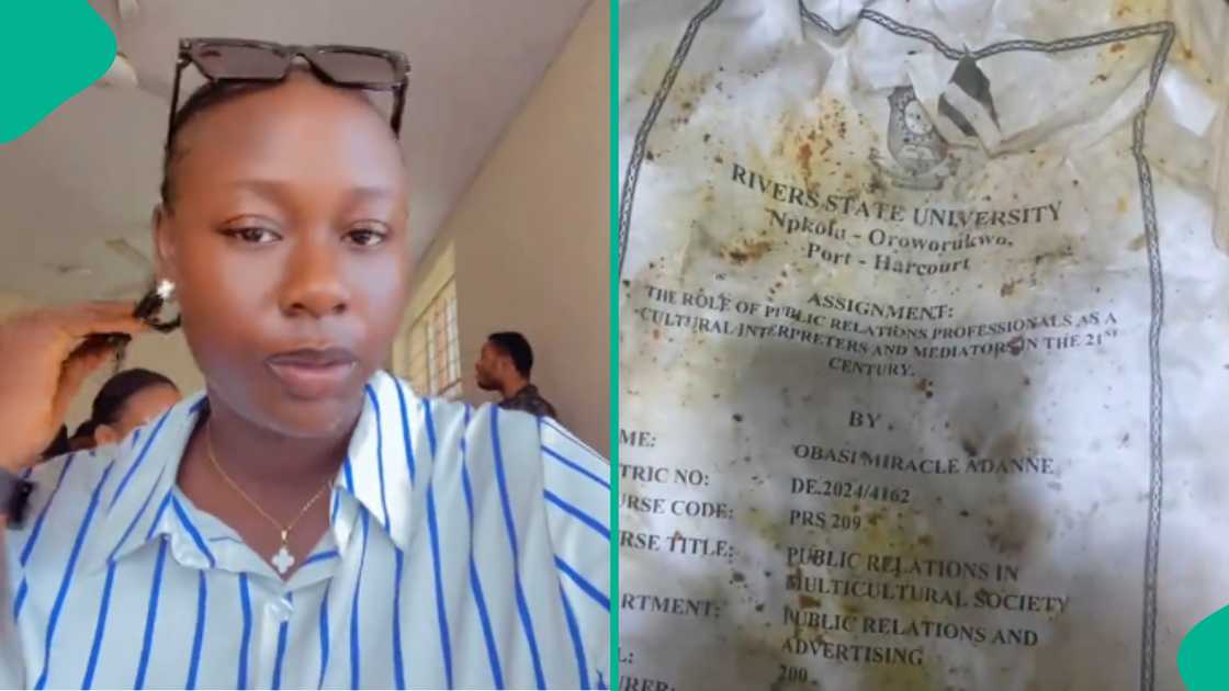 Lady amused after realising Rivers State University student's assignment was used to wrap her suya, shares video Lady amused after realising Rivers State University student's assignment was used to wrap her suya, shares video