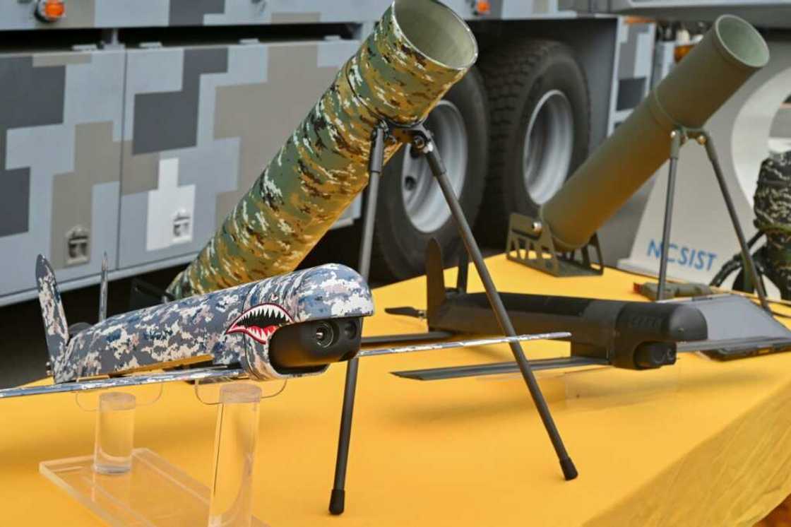 Taiwan's locally made loitering munition drone is seen on display at the National Chung-Shan Institute of Science and Technology in Taichung Taiwan's locally made loitering munition drone is seen on display at the National Chung-Shan Institute of Science and Technology in Taichung