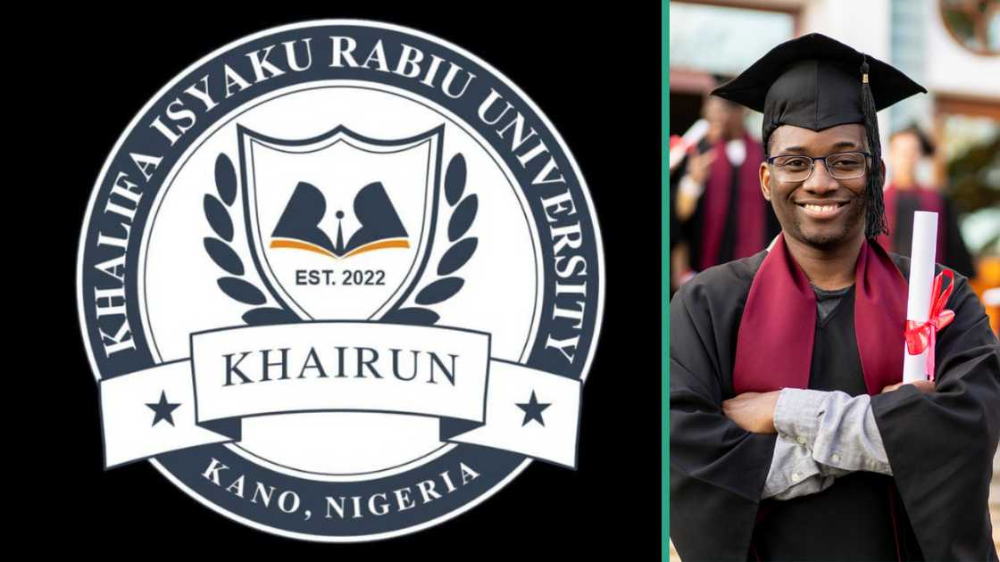 The Khalifa Isyaku Rabiu University logo (L). A student poses in a graduation gown (R).