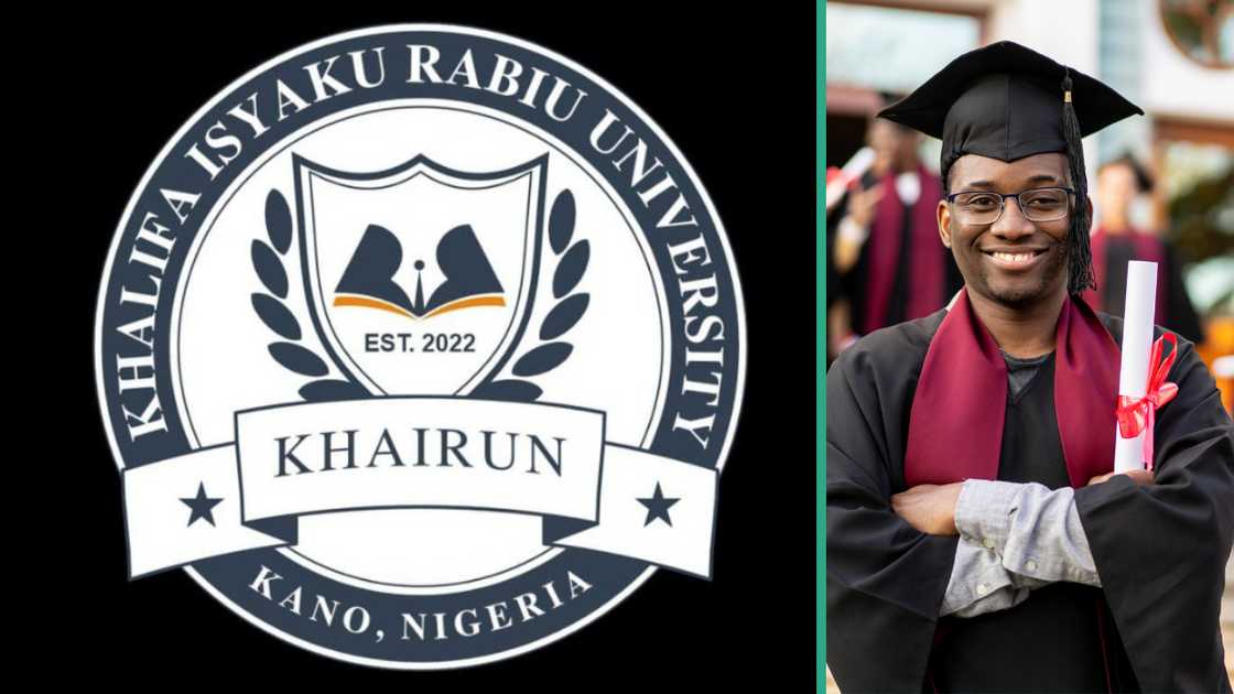 The Khalifa Isyaku Rabiu University logo (L). A student poses in a graduation gown (R). The Khalifa Isyaku Rabiu University logo (L). A student poses in a graduation gown (R).