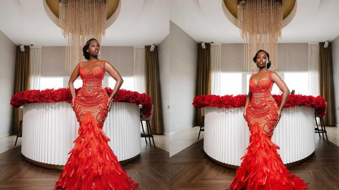 A red mermaid gown with a feathery mermaid tail A red mermaid gown with a feathery mermaid tail