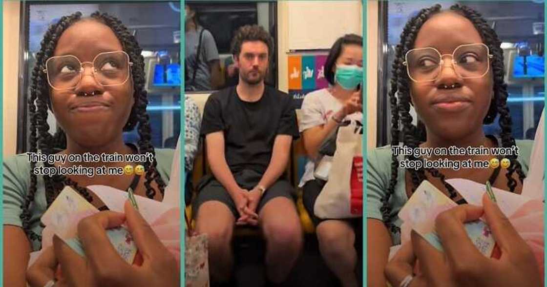 Funny lady shares video of oyinbo man fixing eyes on her inside a train Funny lady shares video of oyinbo man fixing eyes on her inside a train