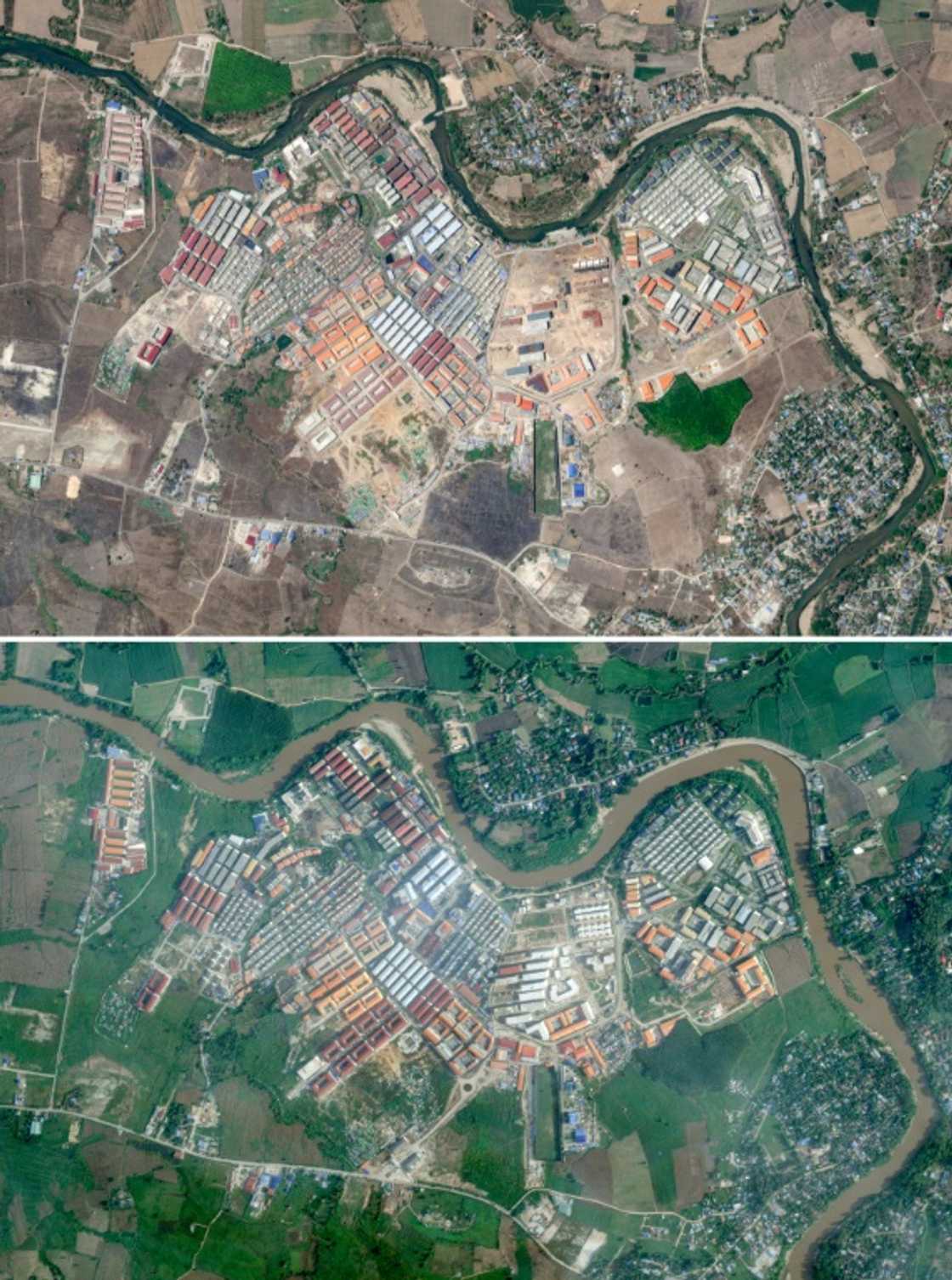 This photo from Planet Labs PBC handout satellite images shows the transformation of a section of the KK Park scam complex from March 2 (top) to September 30 (below) This photo from Planet Labs PBC handout satellite images shows the transformation of a section of the KK Park scam complex from March 2 (top) to September 30 (below)