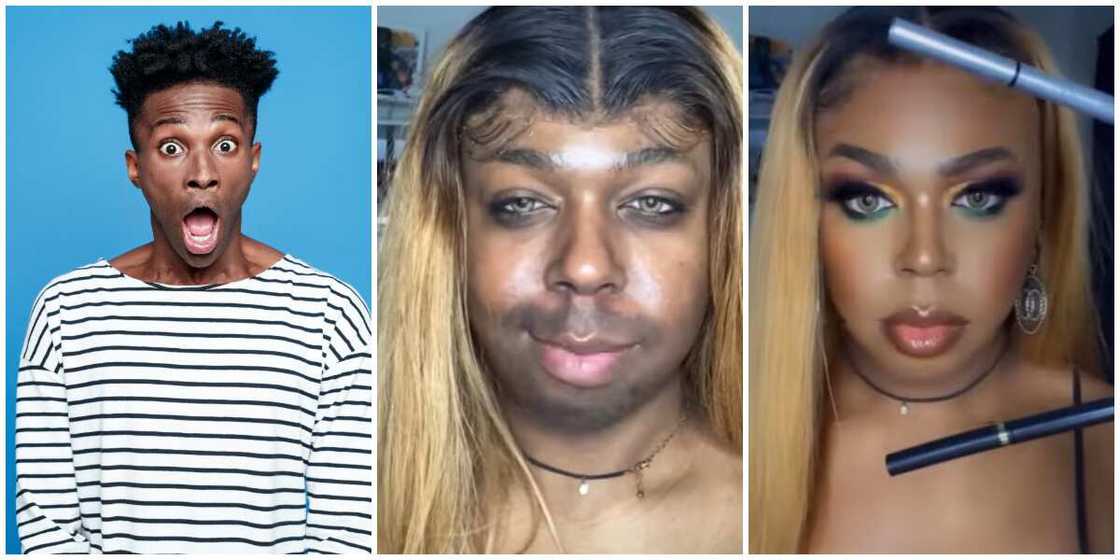 A stock model, photos of a man's before and after makeup look. A stock model, photos of a man's before and after makeup look.