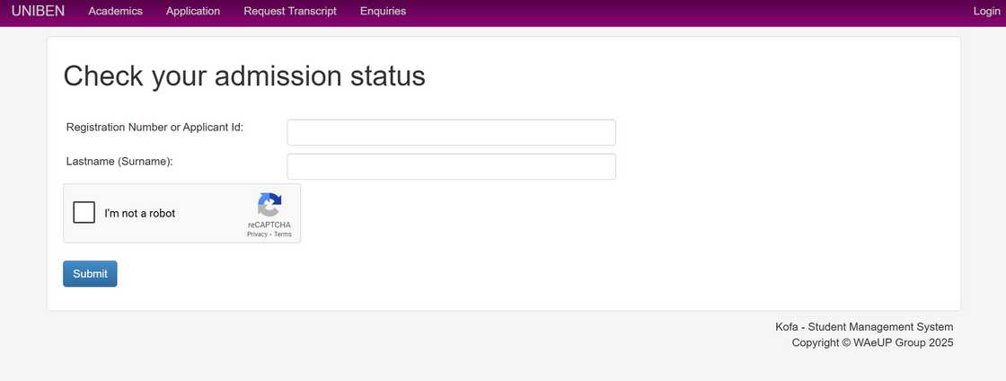 UNIBEN admission status portal