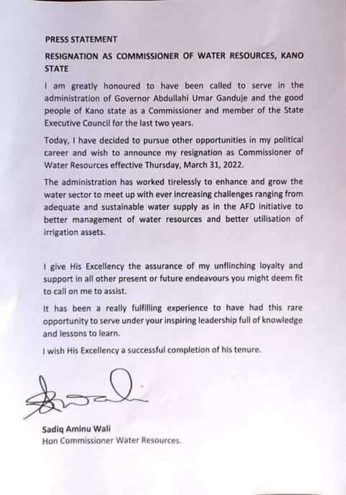 Kwamishinan Albarkatun Ruwa Na Jihar Kano Ya Ajiye Aikinsa Kwamishinan Albarkatun Ruwa Na Jihar Kano Ya Ajiye Aikinsa