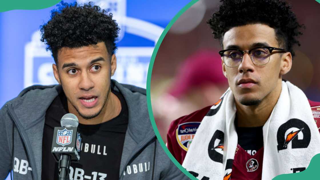 Jordan Travis at Lucas Oil Stadium in Indianapolis, Indiana (L). Jordan at Hard Rock Stadium in Miami Gardens, Florida (R). Jordan Travis at Lucas Oil Stadium in Indianapolis, Indiana (L). Jordan at Hard Rock Stadium in Miami Gardens, Florida (R).