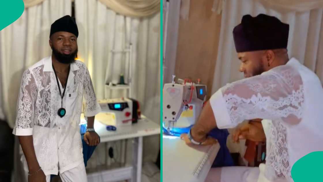 Man tests sewing machine bought for him by his girlfriend. Man tests sewing machine bought for him by his girlfriend.