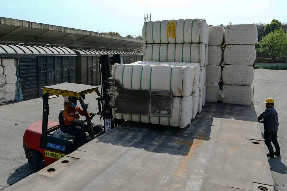 A worker unloads cotton picked from Xinjiang at a railway station in Jiujiang in China's central Jiangxi province in March 2021