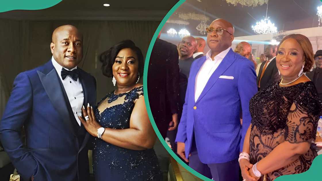Allen Onyema posing with his wife Alice Ojochida with hands in his pocket (L). Allen Onyema and his wife Alice posing during an event(R). Allen Onyema posing with his wife Alice Ojochida with hands in his pocket (L). Allen Onyema and his wife Alice posing during an event(R).