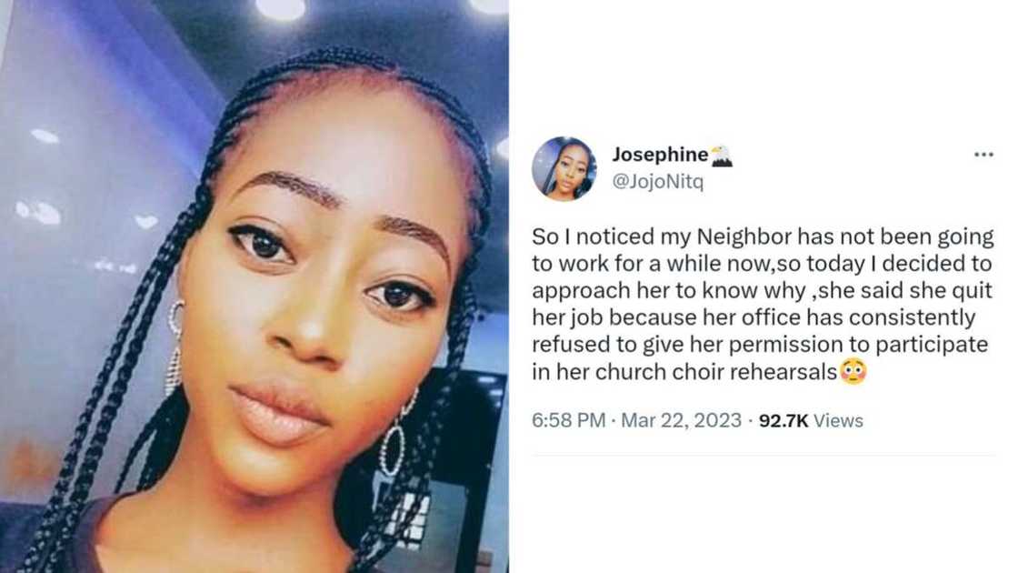 Lady quits jobs to attend church rehearsals Lady quits jobs to attend church rehearsals