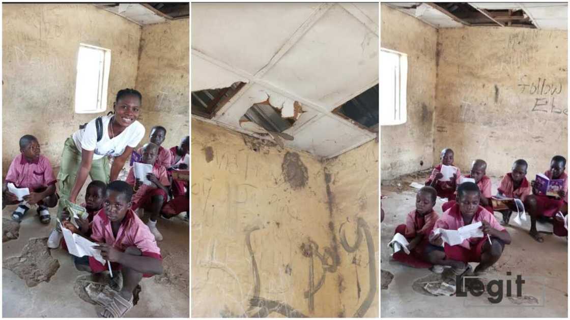 The classroom is tattered with a broken ceiling.