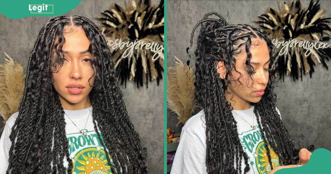 A woman displays her Boho faux locs and passion twists.