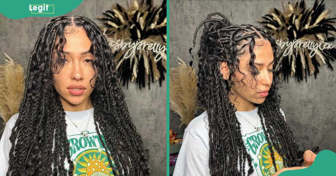 A woman displays her Boho faux locs and passion twists. A woman displays her Boho faux locs and passion twists.