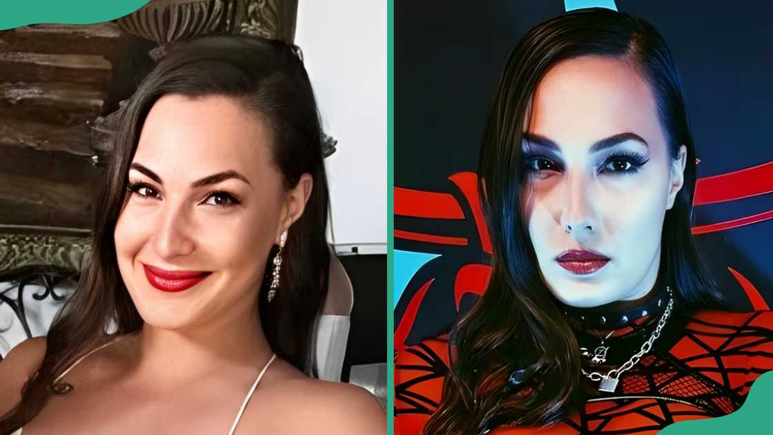 Arissa LeBrock smiling (L), and in a red and black ensemble (R) Arissa LeBrock smiling (L), and in a red and black ensemble (R)
