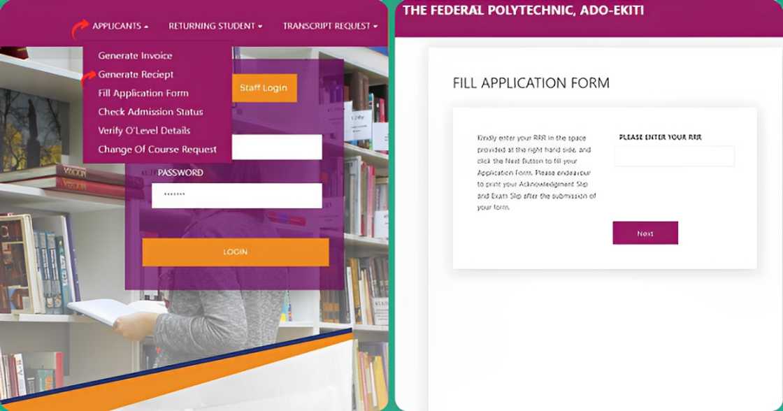 Screenshots of the Federal Polytechnic Ado Ekiti HND application process.