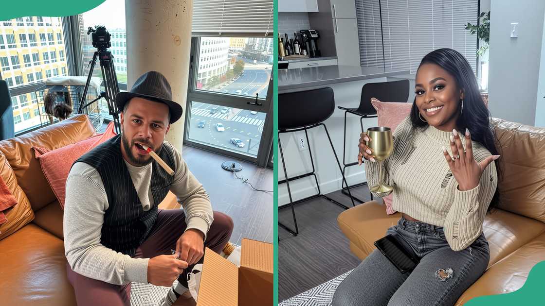 Tyler seated connected  a sofa with a cigar (L) and Ashley showing disconnected  her engagement ringing  portion    holding a portion  (R)