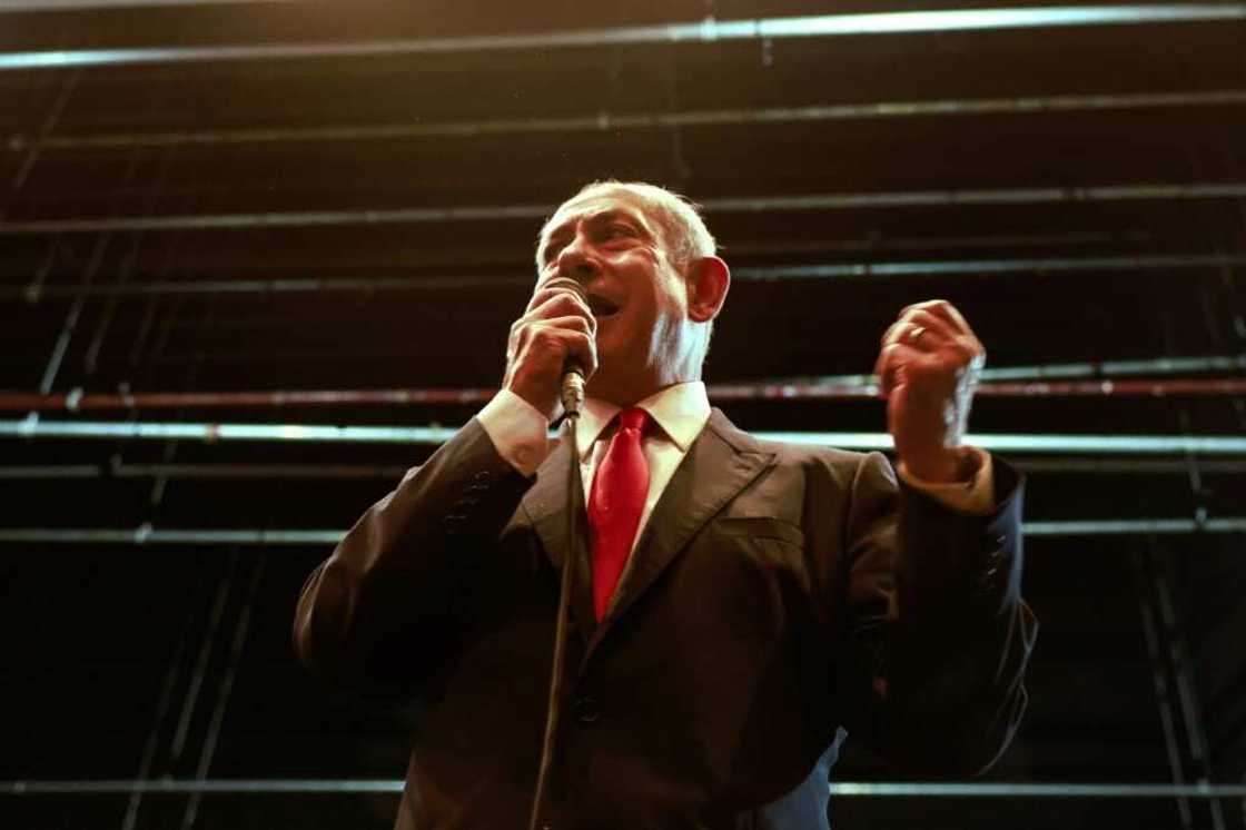 Benjamin Netanyahu, Israel's former prime minister and leader of the Likud party, speaks at a campaign rally in the northern city of Migdal HaEmek on October 23, 2022