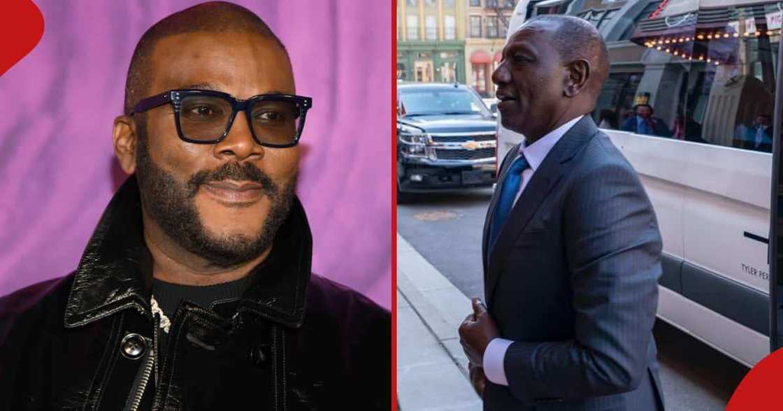 Tyler Perry (l) regrets missing President William Ruto's tour of his studio.