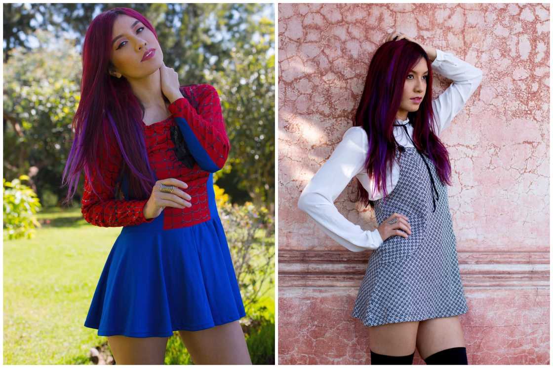 Shery in a Spiderman costume (L). The singer leans on a wall as she poses for a photo (R) Shery in a Spiderman costume (L). The singer leans on a wall as she poses for a photo (R)
