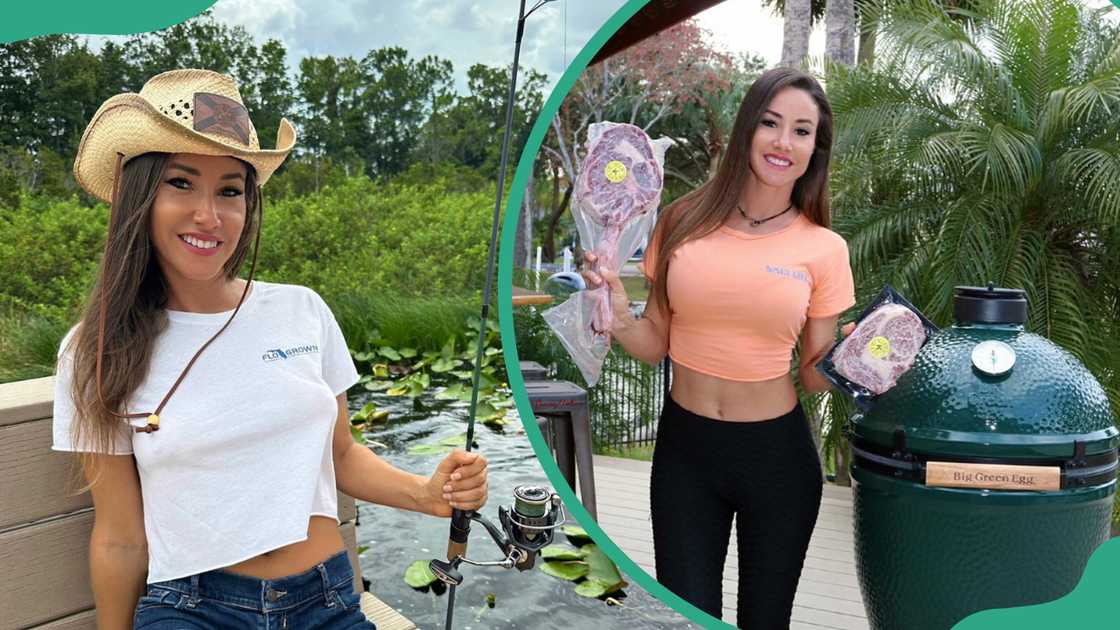 Luiza Barros holding a fishing rod and a large piece of beef before grilling it Luiza Barros holding a fishing rod and a large piece of beef before grilling it