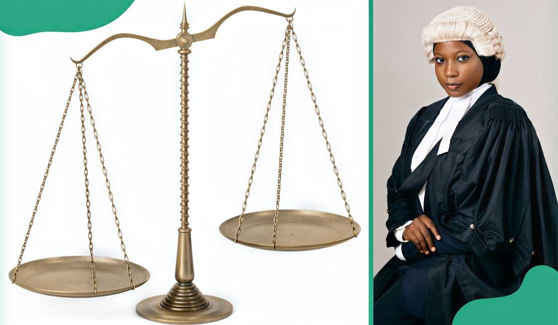 A lawyer in ceremonial cloth and the scales of justice.