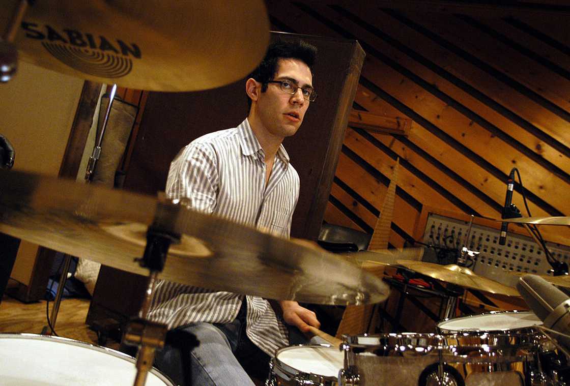 Ryan Dusick of Maroon 5 performing during the recording of "Everyday People"