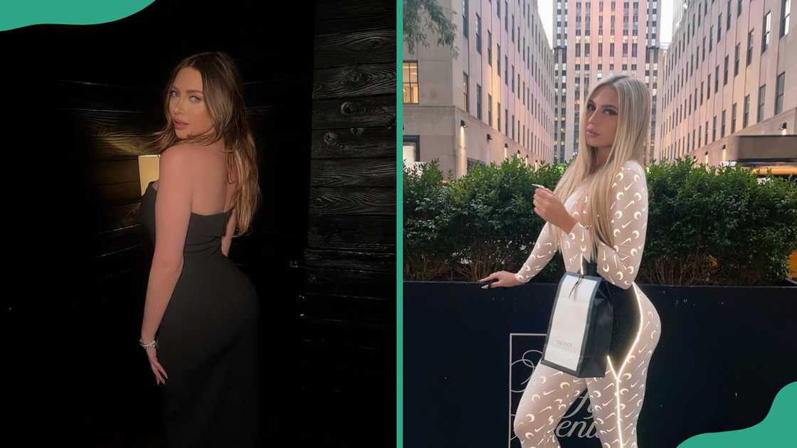 Ava Louise in a black dress looks back as she takes a photo (L). The social media influencer in a sparkling white body suit holds a bag (R) Ava Louise in a black dress looks back as she takes a photo (L). The social media influencer in a sparkling white body suit holds a bag (R)