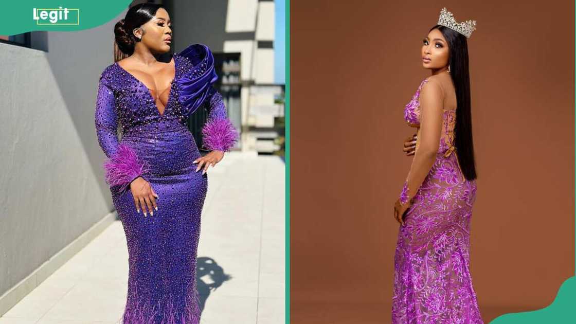 Two ladies wearing lavender sequin high-low gowns Two ladies wearing lavender sequin high-low gowns