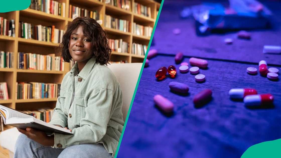 A woman sitting in the library and pill spread on a flat surface A woman sitting in the library and pill spread on a flat surface