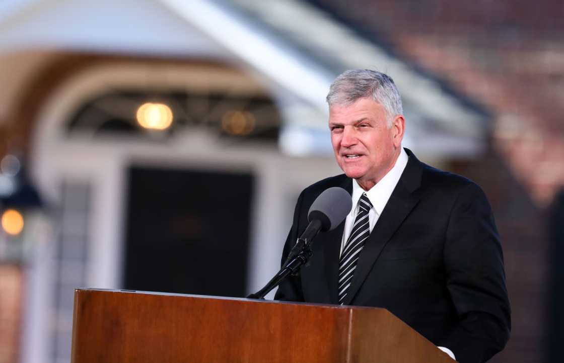 Franklin Graham speaking during the funeral of his father