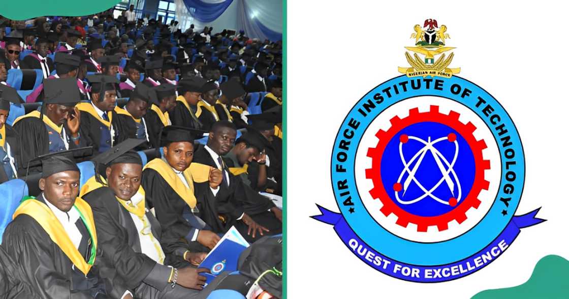 AFIT students pictured during a graduation ceremony (L). The AFIT school logo (R).