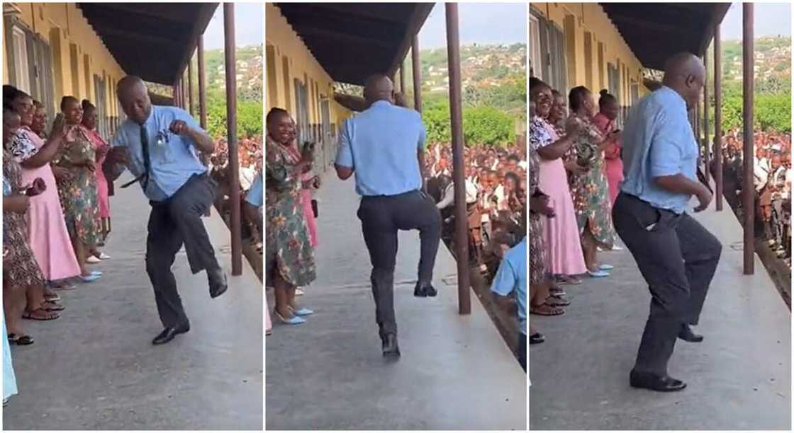 Photos of a school principal posing while dancing before his students. Photos of a school principal posing while dancing before his students.