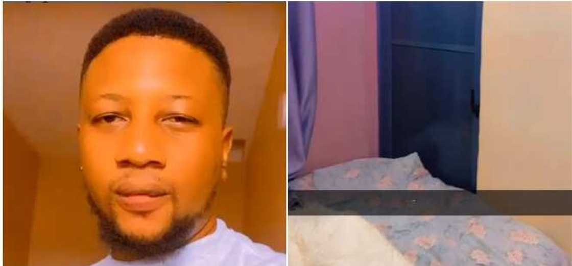 Nigerian man cries out after paying N12k for a hotel room where the bed blocks bathroom. Nigerian man cries out after paying N12k for a hotel room where the bed blocks bathroom.