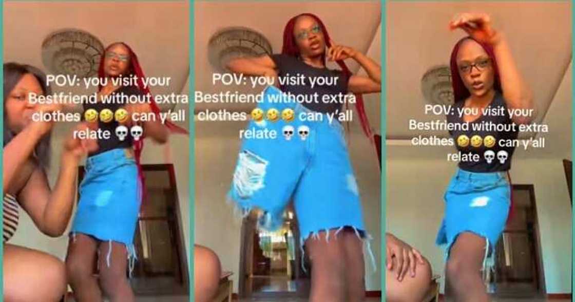 Nigerian lady wears chubby best friend's oversized trousers in funny video