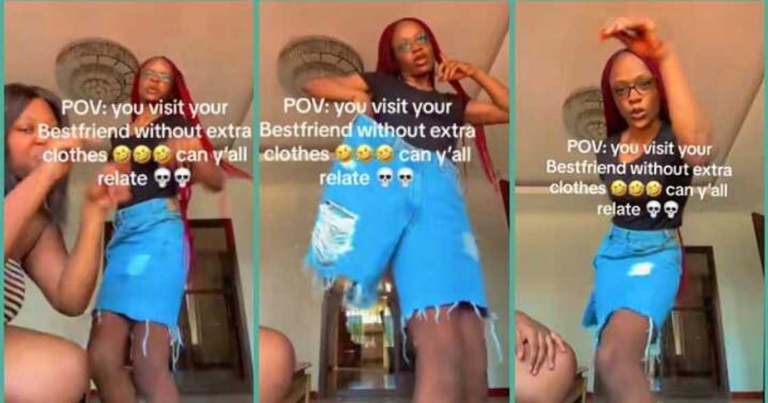 Nigerian lady wears chubby best friend's oversized trousers in funny video Nigerian lady wears chubby best friend's oversized trousers in funny video
