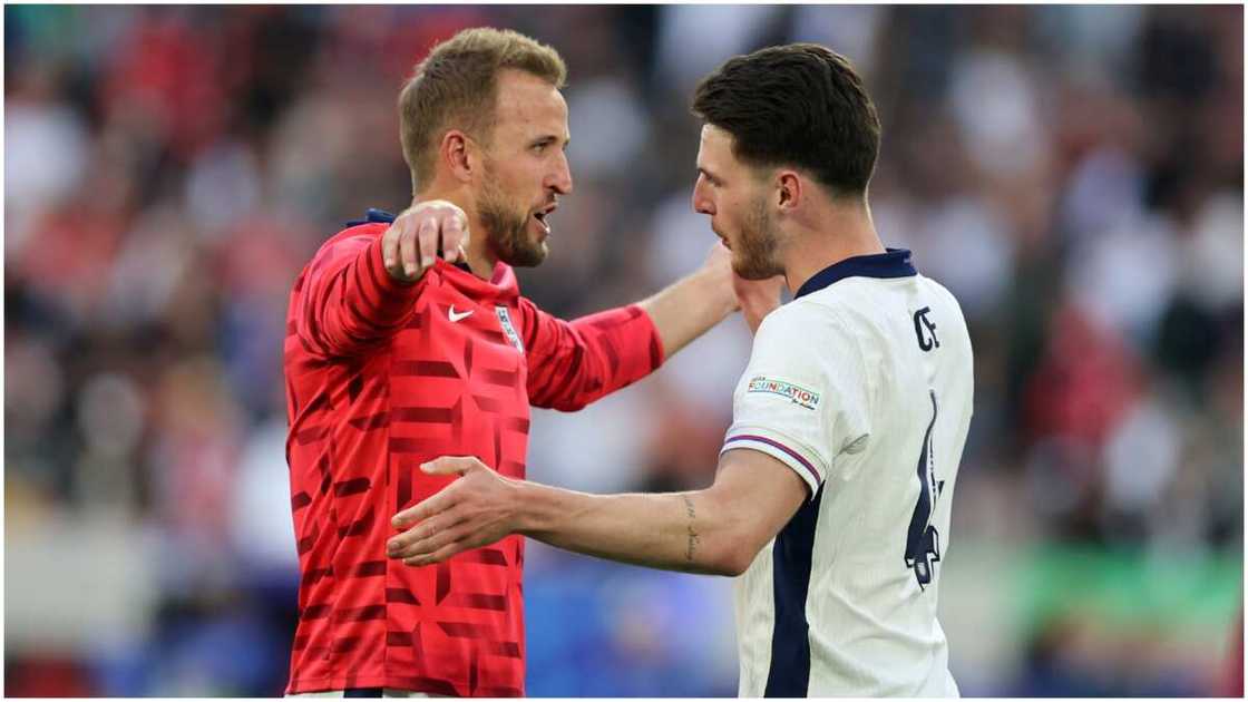Harry Kane and Declan Rice embrace after England beat Switzerland. Harry Kane and Declan Rice embrace after England beat Switzerland.