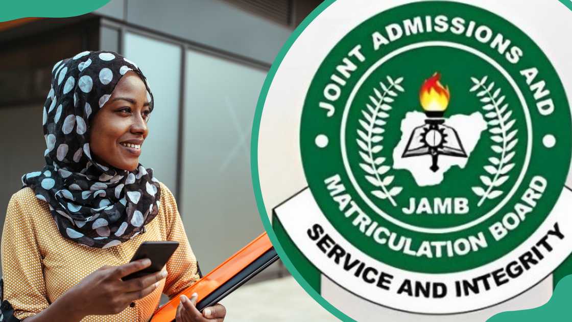 A female student holding books and phone (L). The JAMB logo (R)